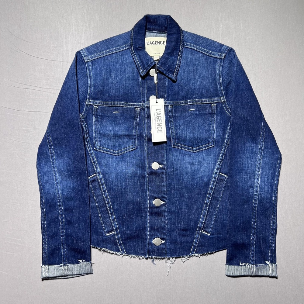 L'Agence Janelle Slim Raw Denim Jacket Womens XXS‎ Blue Frayed Hem Sutton